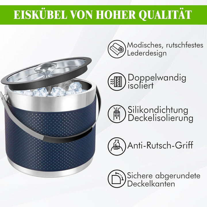 3.2L Eiswürfelbehälter mit Deckel und Schaufel, Upgrade Lederdesign Edelstahl Eiskübel, Doppelwandig
