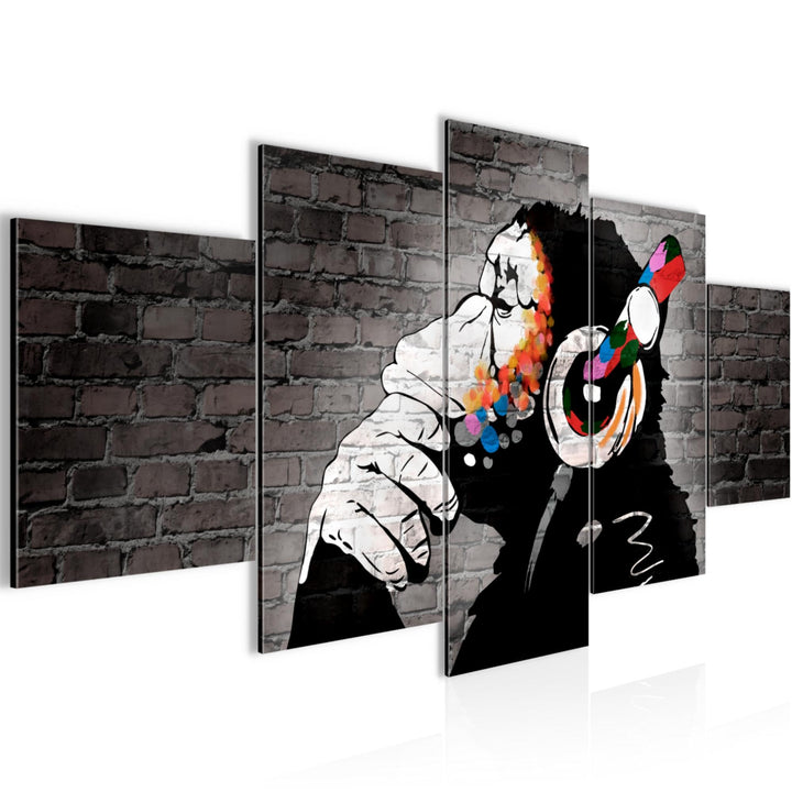 Runa Art Wandbilder Banksy Affe mit Kopfhörer 5 Teilig Bild auf Vlies Leinwand Deko Loft Wohnzimmer