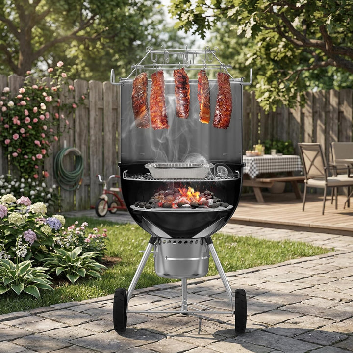 Onlyfire Dreistufiger Ring Speck-Aufhänger Bräter mit 24 Räucherhaken, für Räuchern von Speck, Ribs