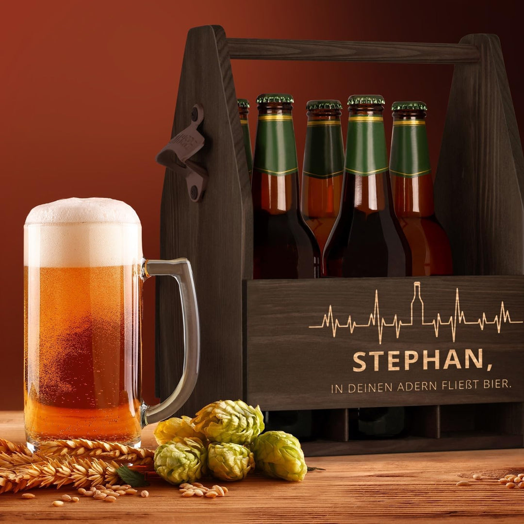Maverton Bierträger für 6 Flaschen 0,5L + Gravur - Männerhandtasche mit Flaschenöffner - Grösse: 25x