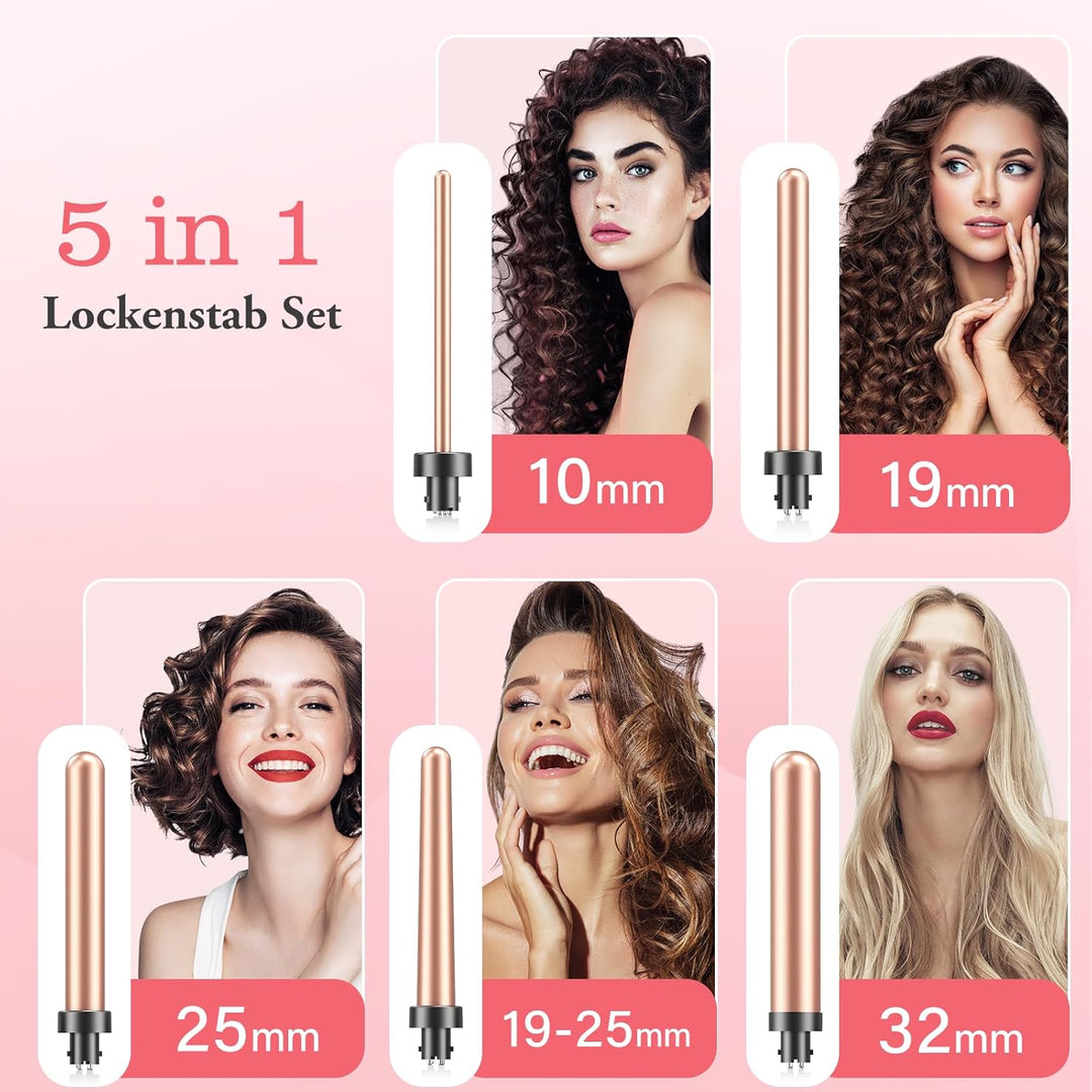 5 in 1 Keramik Lockenstab Set,Lockenstab mit Verschiedenen Aufsätzen für Grosse und Kleine Locken, 9
