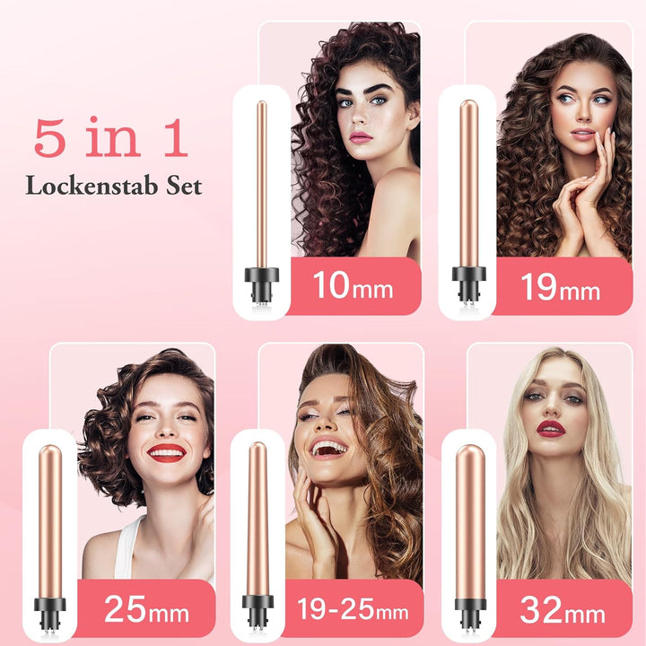 5 in 1 Keramik Lockenstab Set,Lockenstab mit Verschiedenen Aufsätzen für Grosse und Kleine Locken, 9