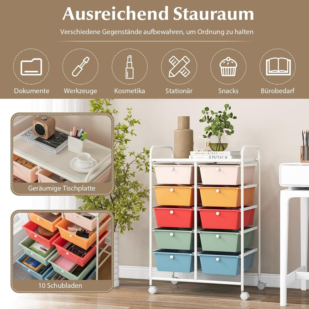 GOPLUS Rollwagen mit 10 Schubladen stapelbar, Rollcontainer mit Ablage & Metallgestell, Badregal, Au