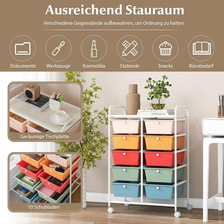 GOPLUS Rollwagen mit 10 Schubladen stapelbar, Rollcontainer mit Ablage & Metallgestell, Badregal, Au