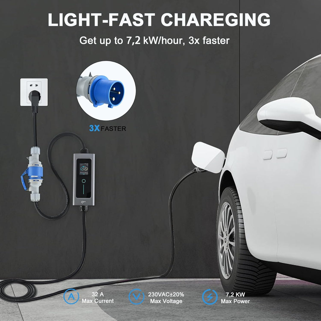 EVIEUN EV Ladekabel Typ 2 7,2 kW 1-Phasen 6-32 A 5M, EV-Ladegerät Ladekabel CEE auf Typ 2 mit Allen