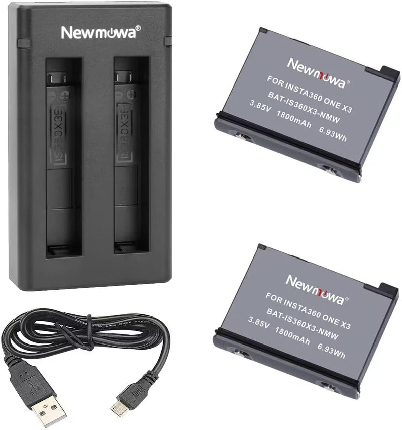 Newmowa Ersatz Akku (2er Pack) und Tragbar Micro USB Dual Ladegerät Kit für Insta 360 ONE X3