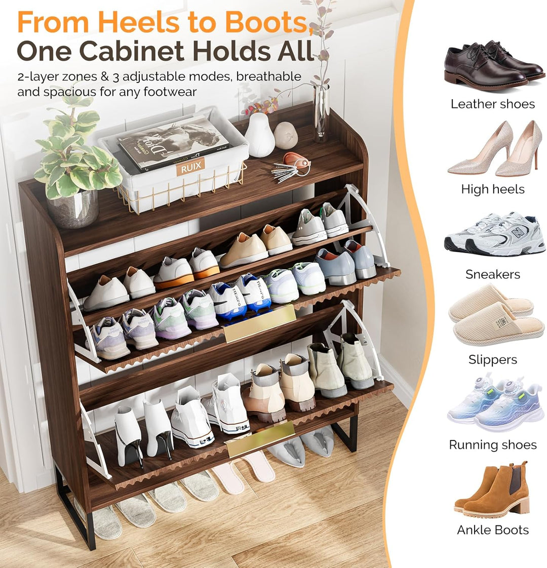 Bonnlo Schuhschrank mit 2 Klappen, Schuhregal mit geriffelte Türen, Schuhkipper Schmal, Schuhaufbewa