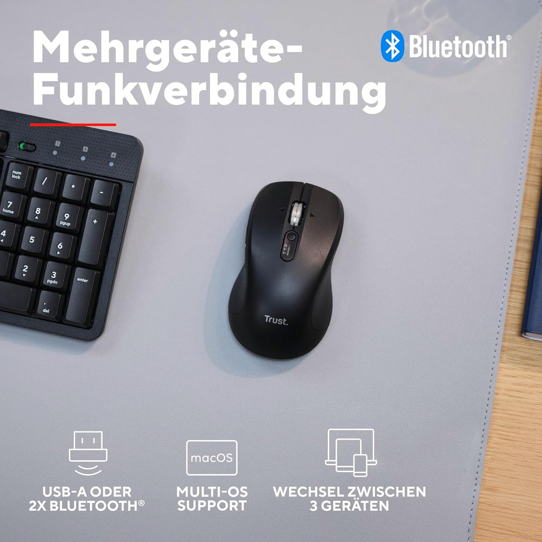 Trust Treva Kabellose Maus Ultraschnelles Scrollrad und Horizontales Scrollen, Bluetooth + 2.4GHz, L