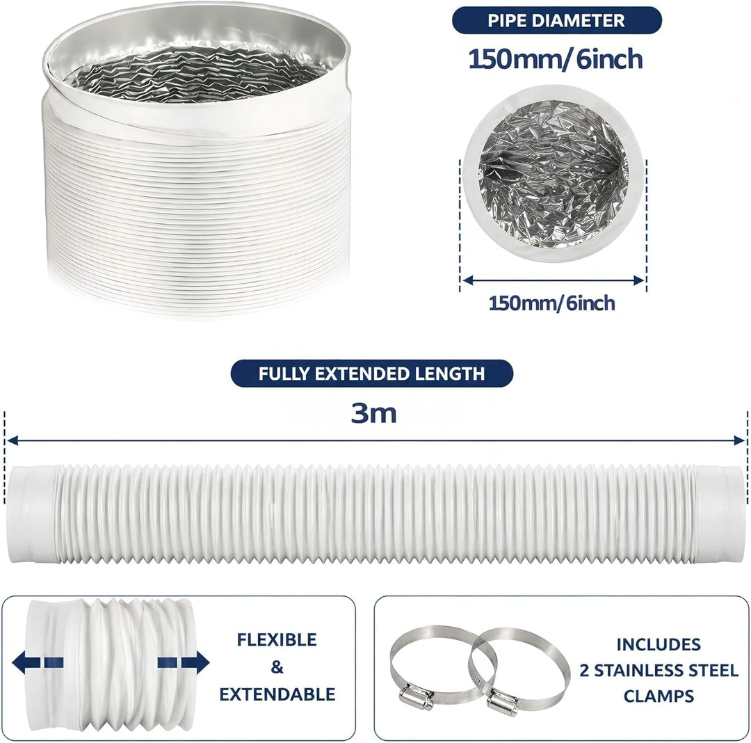 150mm 3-Meter Lüftungsschlauch, Moonjor Weiss PVC Alu-Flexschlauch Abluftschlauch Aluflexrohr Flexro
