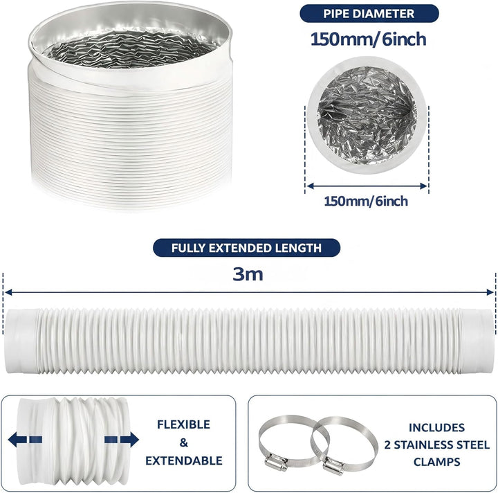 150mm 3-Meter Lüftungsschlauch, Moonjor Weiss PVC Alu-Flexschlauch Abluftschlauch Aluflexrohr Flexro