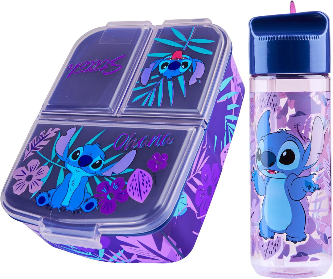 Disney Stitch Kinder Lunchbox mit Fächern und Wasserflasche für Schule und Ausflüge (Blau/Lila)