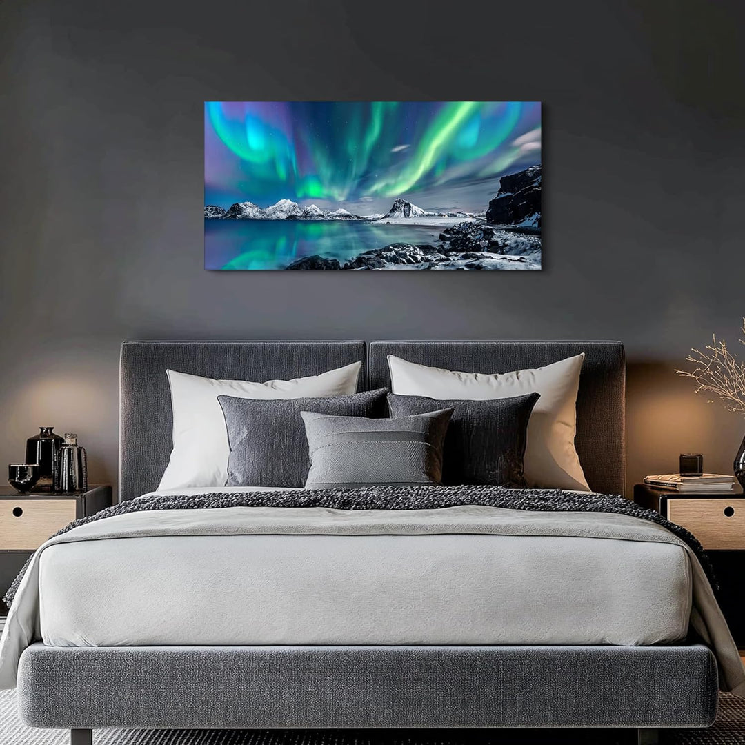 hyidecorart Bilder Nordlichter, Grün Polarlicht Sternenhimmel Bild auf Leinwand, 1 Teilig Modern Nat