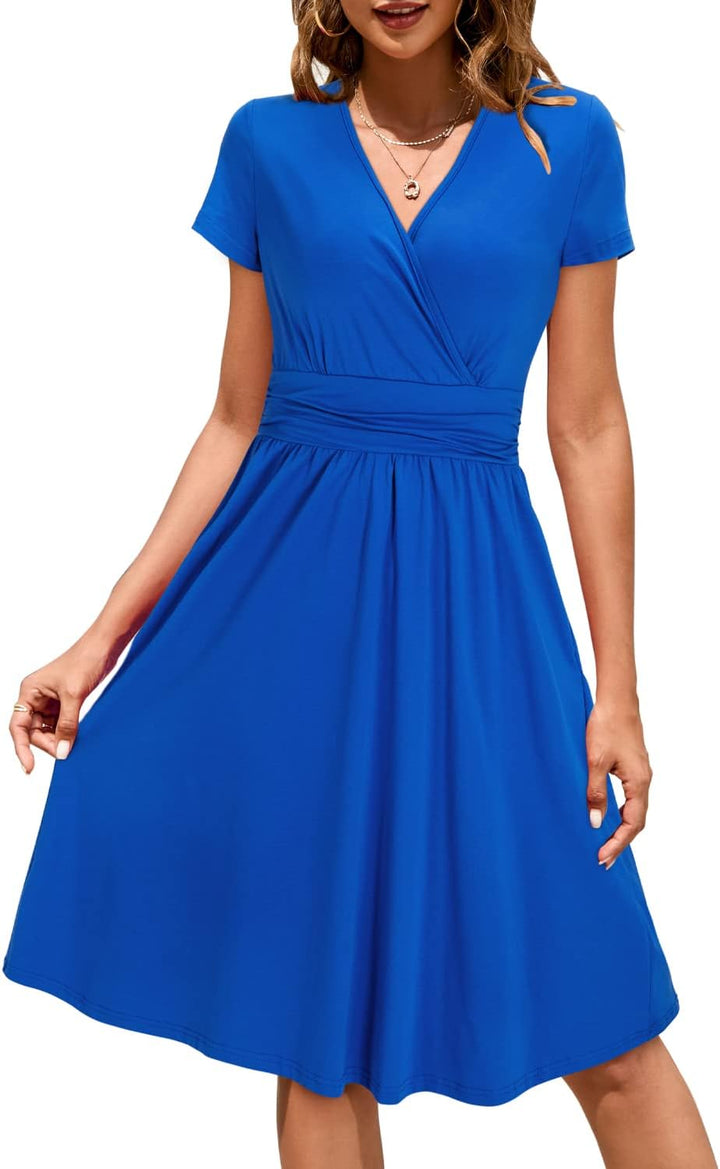 STYLEWORD Damen Sommerkleid Kurzarm V-Ausschnitt Kleider Blumenmuster Kleid Wickelkleid Mit Taschen