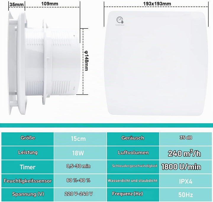 Ikodm Badlüfter 150mm mit Feuchtigkeitssensor und Rückstauklappe timer, Badezimmerlüfter Bad Lüfter