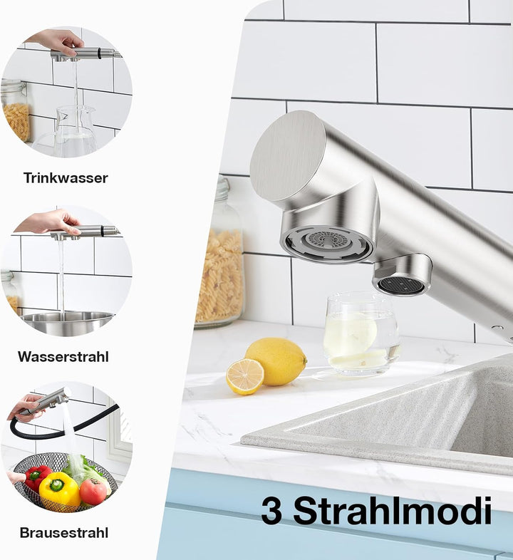 Faustina 3 Wege Küchenarmatur mit Brause ausziehbar, Doppelhebel Armatur Wasserhahn Spültischarmatur