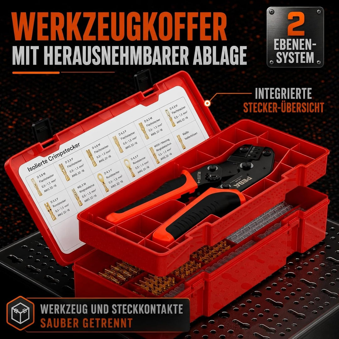 PEBA Crimpzange inkl. 11 Arten Flachsteckhülsen Set, Crimper für 0,25-2,50 mm² Spade Steckverbinder