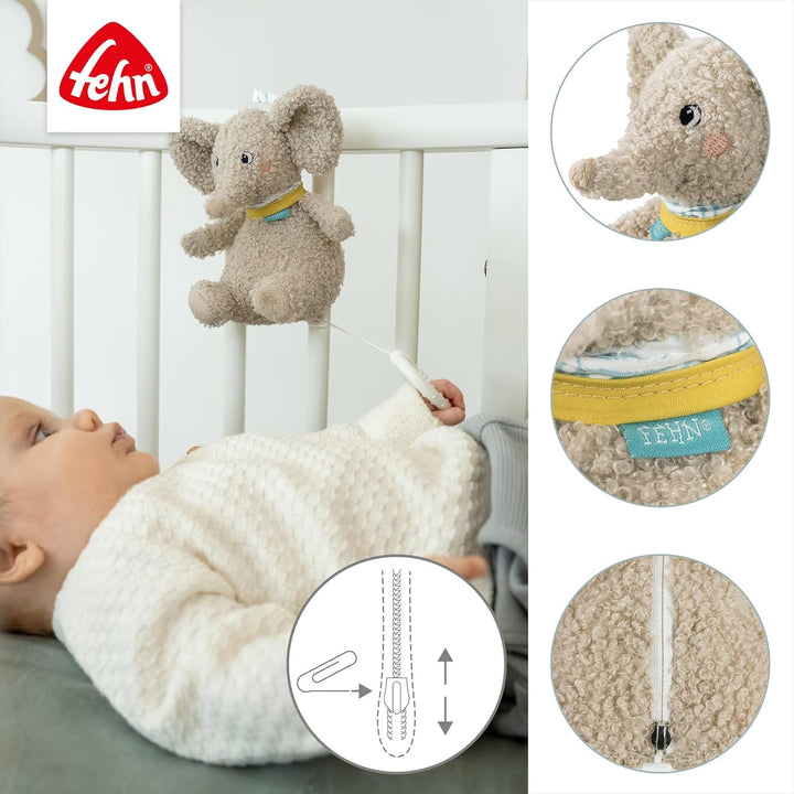 Fehn Mini-Spieluhr Elefant Erik – Kuscheltier & Einschlafhilfe für Babys | Aufzieh-Spieluhr mit sanf