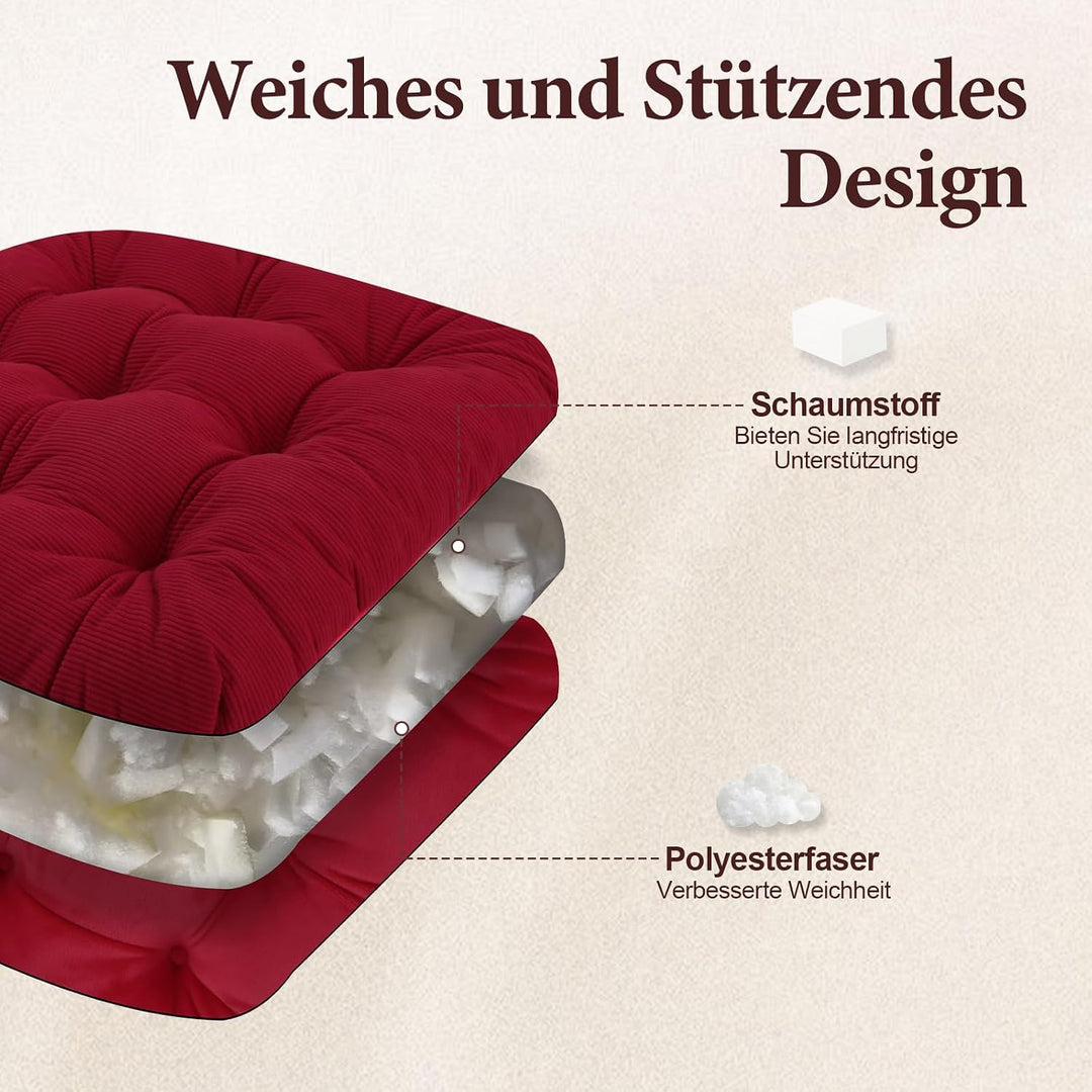 2er Set Stuhlkissen, 45x45x7 cm, Rot – Bequeme Sitzkissen aus Cordstoff und Kristallsamt mit Bindebä