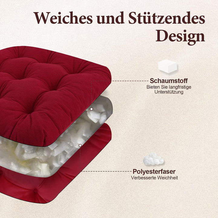 2er Set Stuhlkissen, 45x45x7 cm, Rot – Bequeme Sitzkissen aus Cordstoff und Kristallsamt mit Bindebä