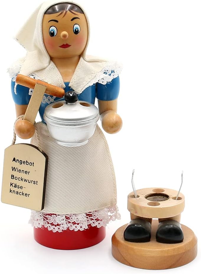Dekohelden24 Räucherfrau, De Würschtle Fraa, ca. 19 cm, mit rauchenden Wurstkessel, Holz, 18 cm, De