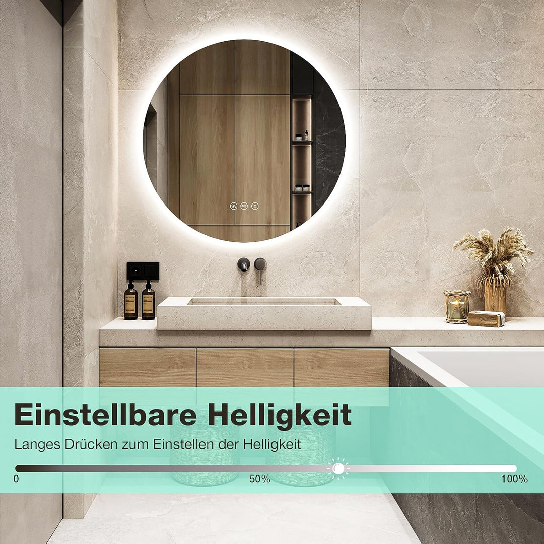 Badspiegel mit Beleuchtung, Runder Badezimmerspiegel 60 cm mit 3 Lichtfarben, Dimmbar, Touch-Schalte