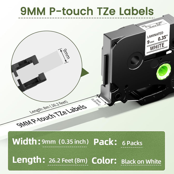 Markurlife TZe-221 9mm Kompatibel mit Brother P-Touch Bänder 9mm Schwarz auf Weiss TZe231 TZ Tape 9