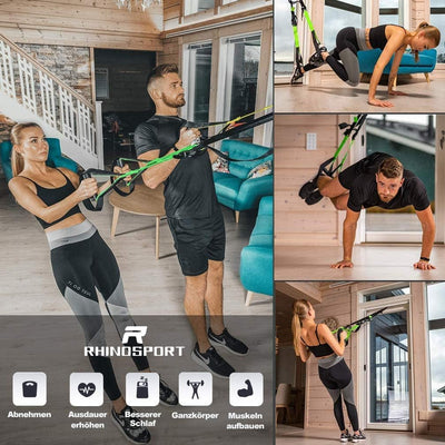 RHINOSPORT Schlingentrainer Sling Trainer Set mit Türanker Einstellbar Fitness Zuhause Suspension -