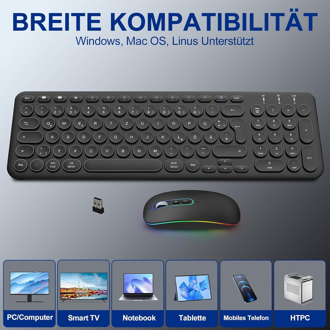 PINKCAT Bluetooth Tastatur Maus Set kabellos, Wiederaufladbare Dualmodus (Bluetooth 5.1+2.4G) Kabell