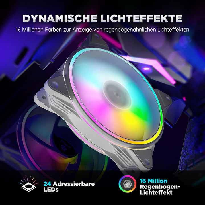 AsiaHorse PC 120MM RGB Lüfter, ARGB Gehäuselüfter mit Hub-Steuerung, 4 Rangen CPU Gehäuse Lüfter mit