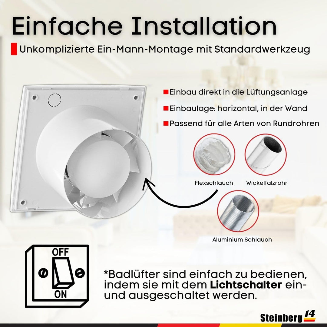 Steinberg14 Abluftventilator 125mm Weiss Badlüfter Fan - Ventilator zur Belüftung in Bad und WC gege