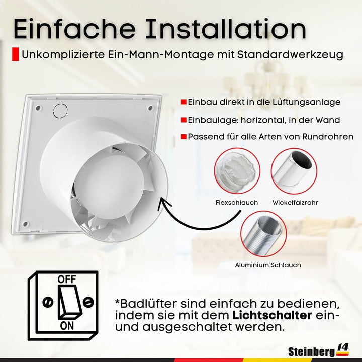 Steinberg14 Abluftventilator 125mm Weiss Badlüfter Fan - Ventilator zur Belüftung in Bad und WC gege
