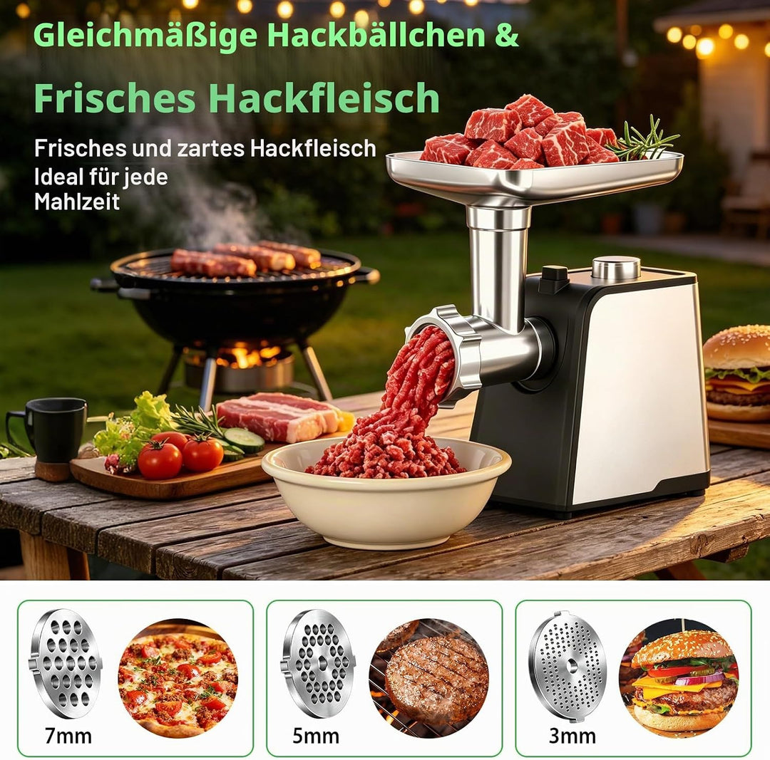 Elektrischer Fleischwolf 3 in 1 mit Wurstfüller, 3200W Fleischwolf Edelstahl, Wurstmacher mit 3 Wurs