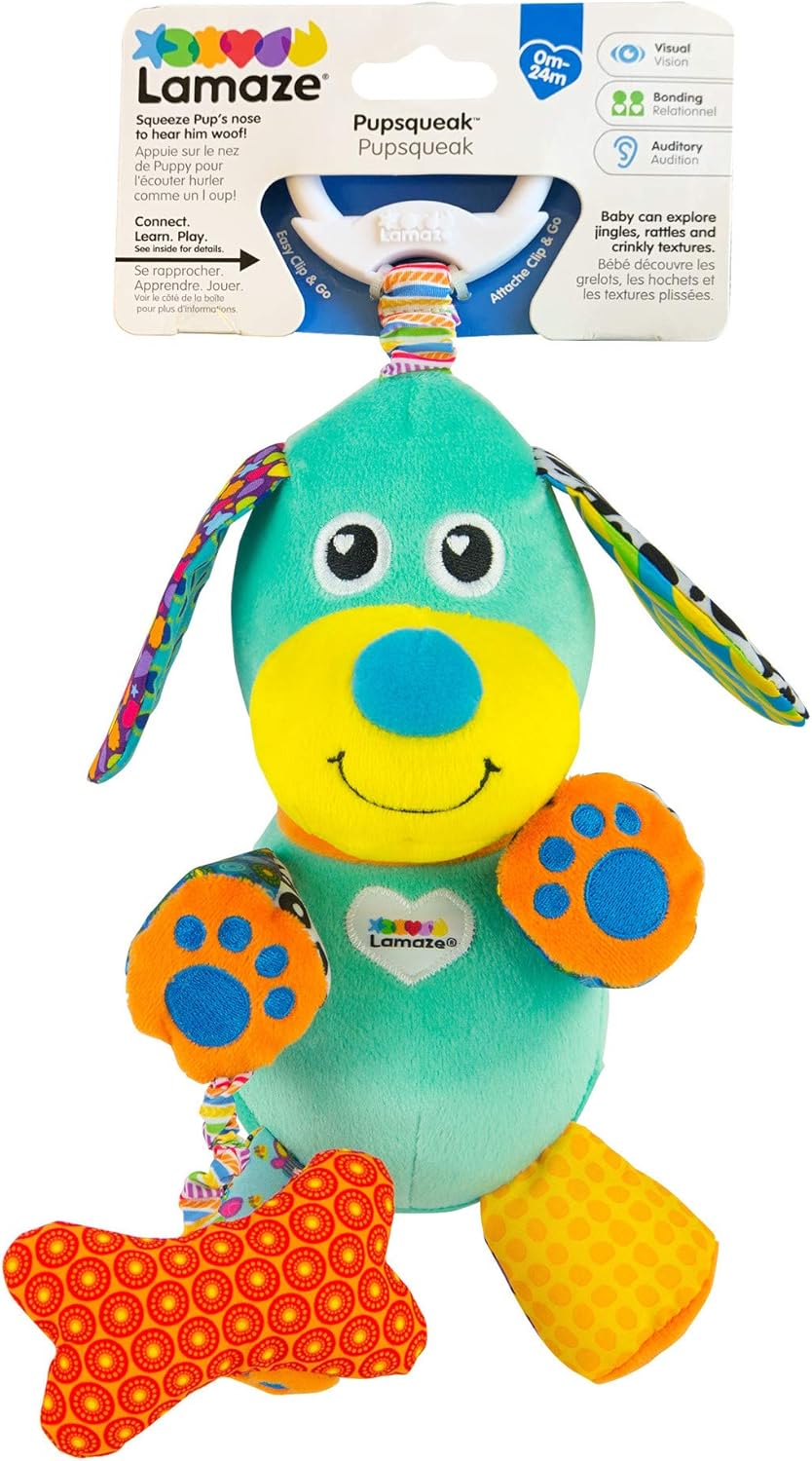 LAMAZE Pupsqueak, Clip on Pram and Pushchair Newborn Baby Toy, Sensory Toy for Babies Boys and Girls