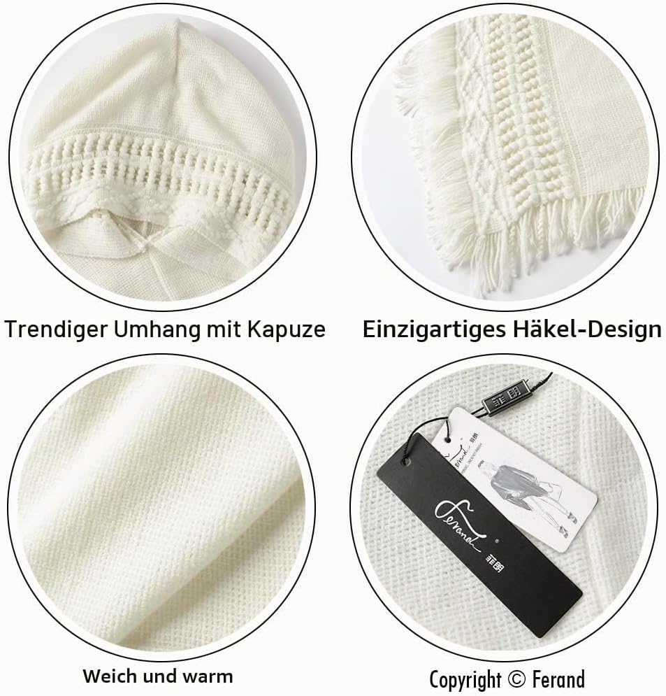Ferand Damen Poncho mit Kapuze und gehäkeltem Cape mit Fransensaum für Herbst Winter Einheitsgrösse