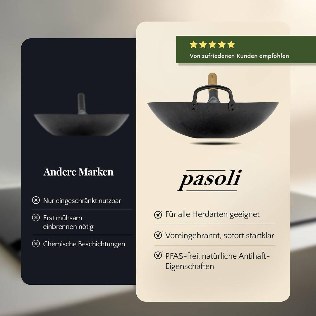 pasoli handgehämmerter Wok + gratis Rezepte eBook - voreingebrannt - traditionelle Asiapfanne - Brat