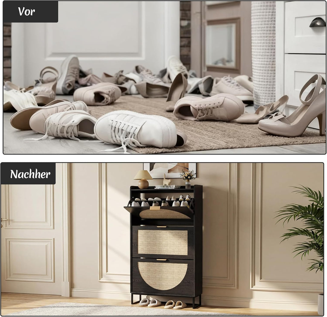 BonVache Schuhkommode mit 3 Klappfächern, Grosser Rattan Schuhschrank Schmal Holz, Schuhaufbewahrung