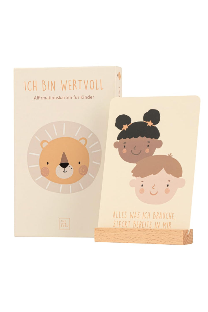 The Life Barn Affirmationskarten für Kinder mit Holzaufsteller – 30 Achtsamkeitskarten für mehr Selb