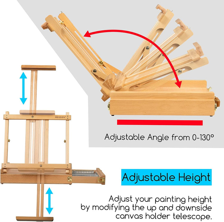 MEEDEN Skizzenkasten Tischstaffelei mit Metallschublade - Verstellbare Staffelei & Skizzenbox aus ma