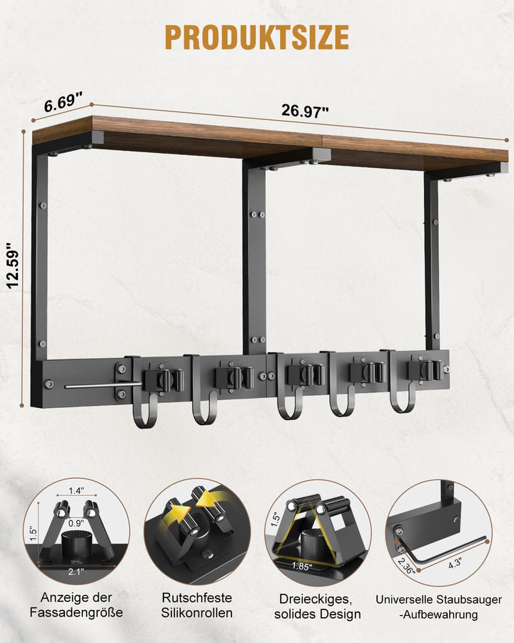 Supforce Besenhalter Wandmontage mit Holzablage, robuster Gerätehalter aus Metall mit Staubsaugerhal