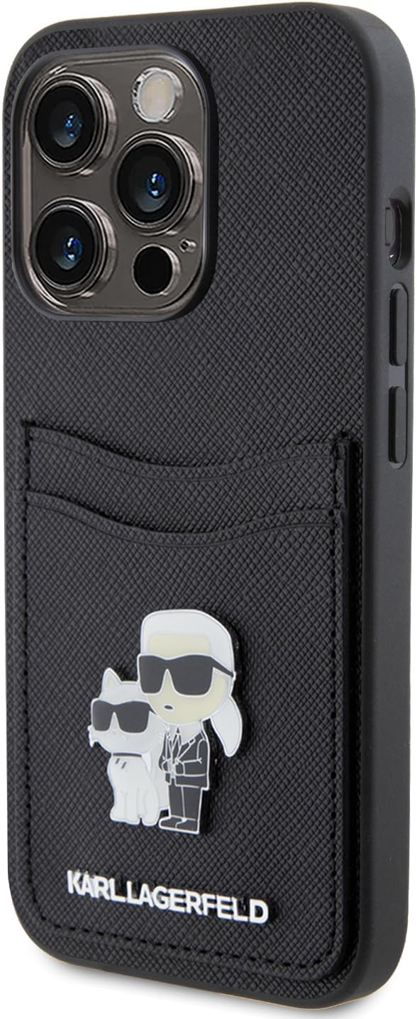 CG MOBILE Karl Lagerfeld Saffiano Hülle mit Kartenfach für iPhone 15 Pro (Schwarz), Schwarz