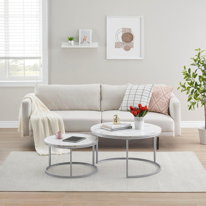 hitsuki Couchtisch, Marmor Couchtisch Silber, Couchtisch Rund 2er Set, Wohnzimmertisch weiss aus Met
