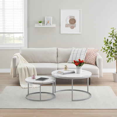 hitsuki Couchtisch, Marmor Couchtisch Silber, Couchtisch Rund 2er Set, Wohnzimmertisch weiss aus Met