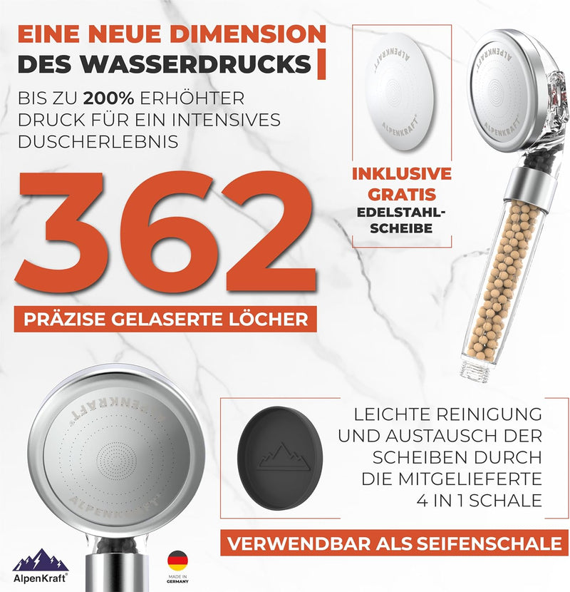 ALPENKRAFT - ZugSpitze Made in Germany Duschkopf wassersparend druckerhöhend