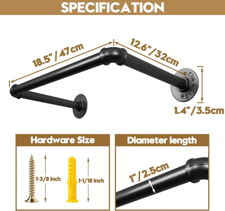 AddGrace Industrielle Rohr-Kleiderständer, 2 Stück, 52 cm, strapazierfähig, Wandmontage, schwarzes E