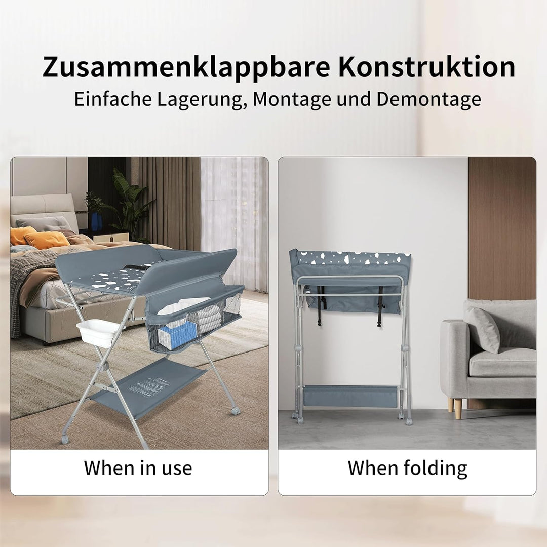 OHMG Baby Wickelkombi Klappbare Wickelkommode,Wickeltisch mit Rollen,Mobiler Wickeltisch mit Wickela