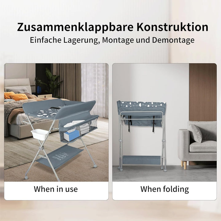 OHMG Baby Wickelkombi Klappbare Wickelkommode,Wickeltisch mit Rollen,Mobiler Wickeltisch mit Wickela