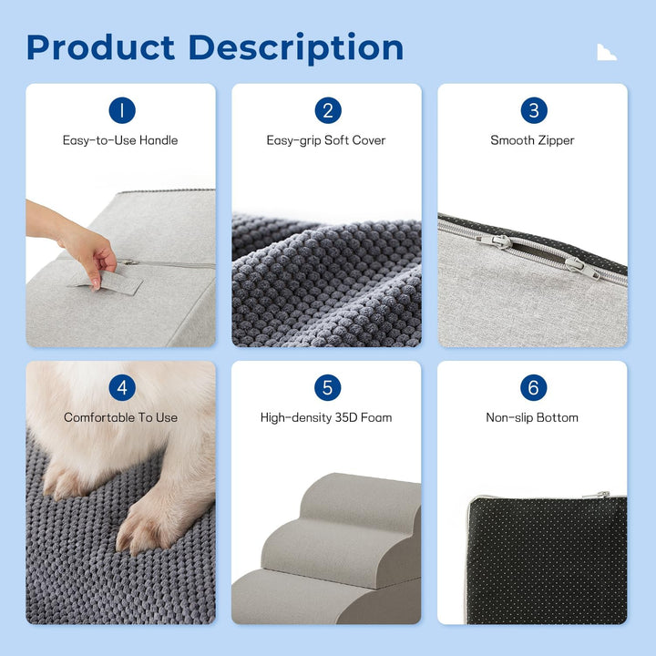 ZOMISIA Hundetreppe für Kleine Hunde 40 cm Hoch, 3 Stufen, Grau | Haustiertreppe für Sofa Bett, Hoch