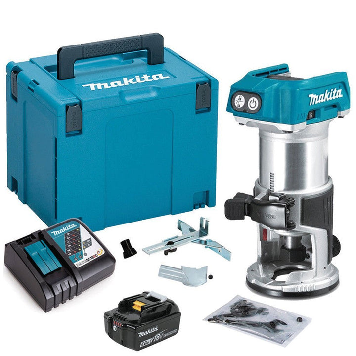 Makita DRT50ZJ 18V 1/4 Zoll Laminat Router Trimmer 1 x 5,0Ah Akku BL1850 + DC18RC Ladegerät &amp; Koffer