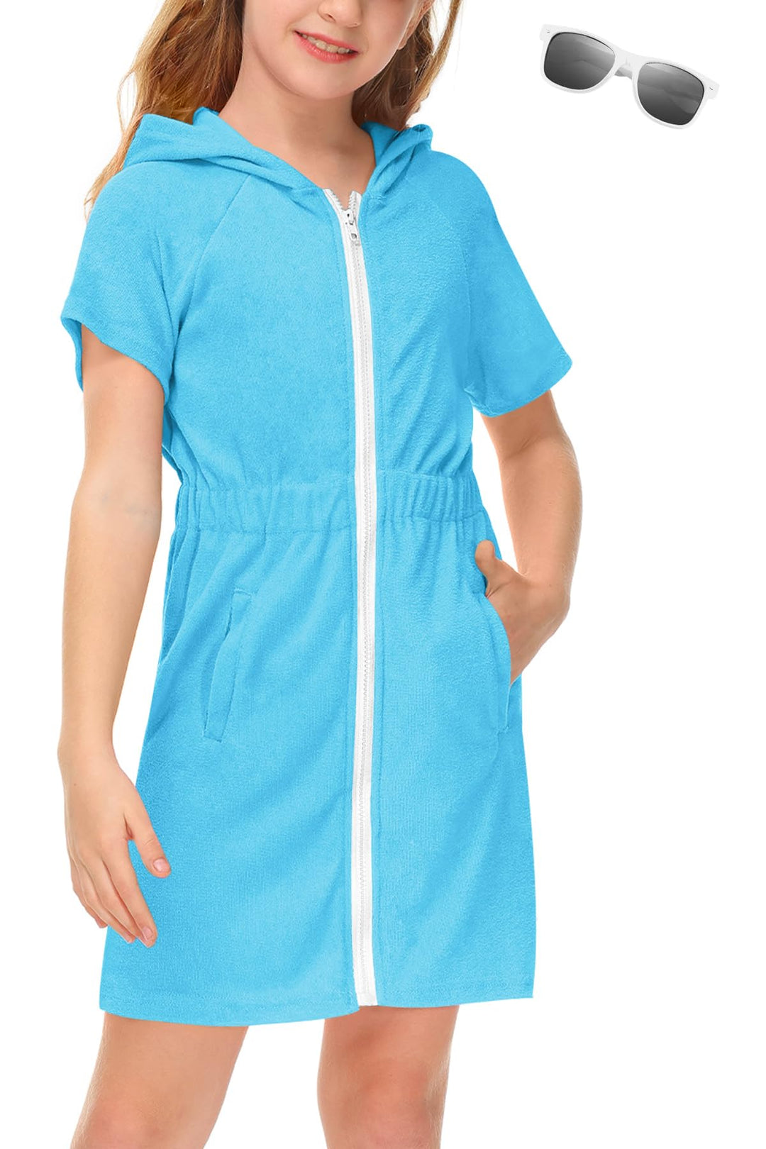 BesserBay Kinder Badeponcho Kapuze mit Taschen Frottee Bademantel Elastischer Bund Zip Surf Poncho H