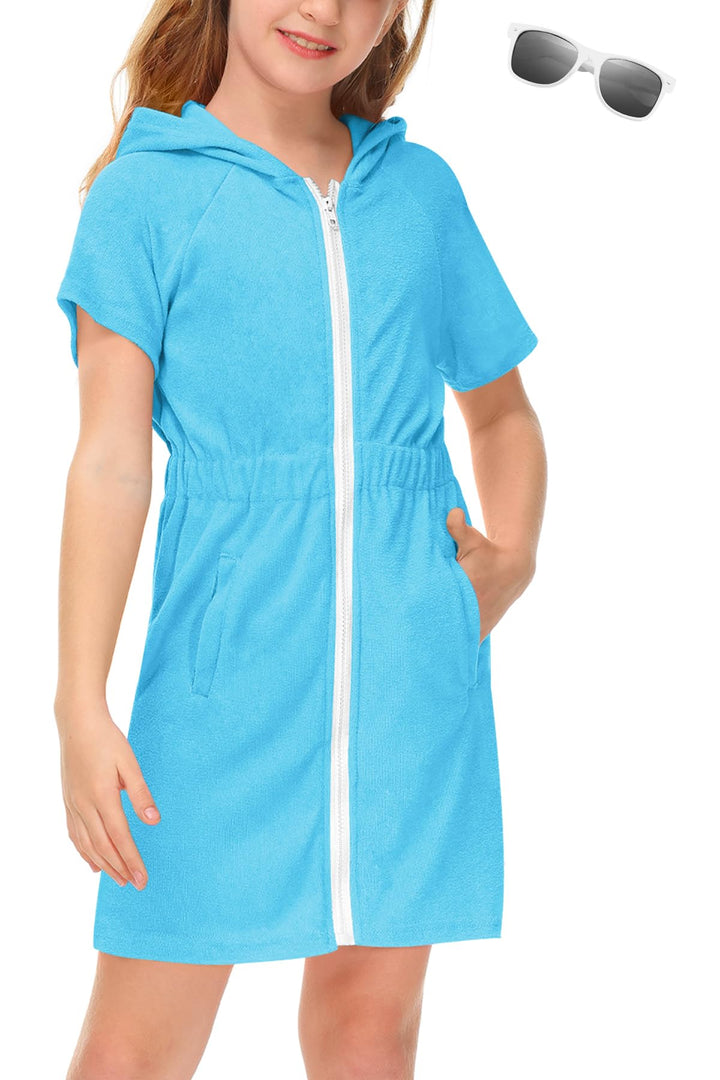 BesserBay Kinder Badeponcho Kapuze mit Taschen Frottee Bademantel Elastischer Bund Zip Surf Poncho H